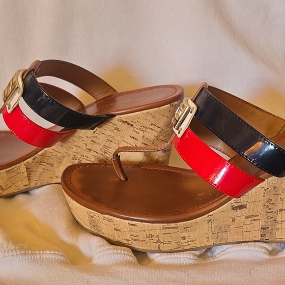 Tommy Hilfiger blue and red strapped cork wedged shoes - Picture 3 of 4